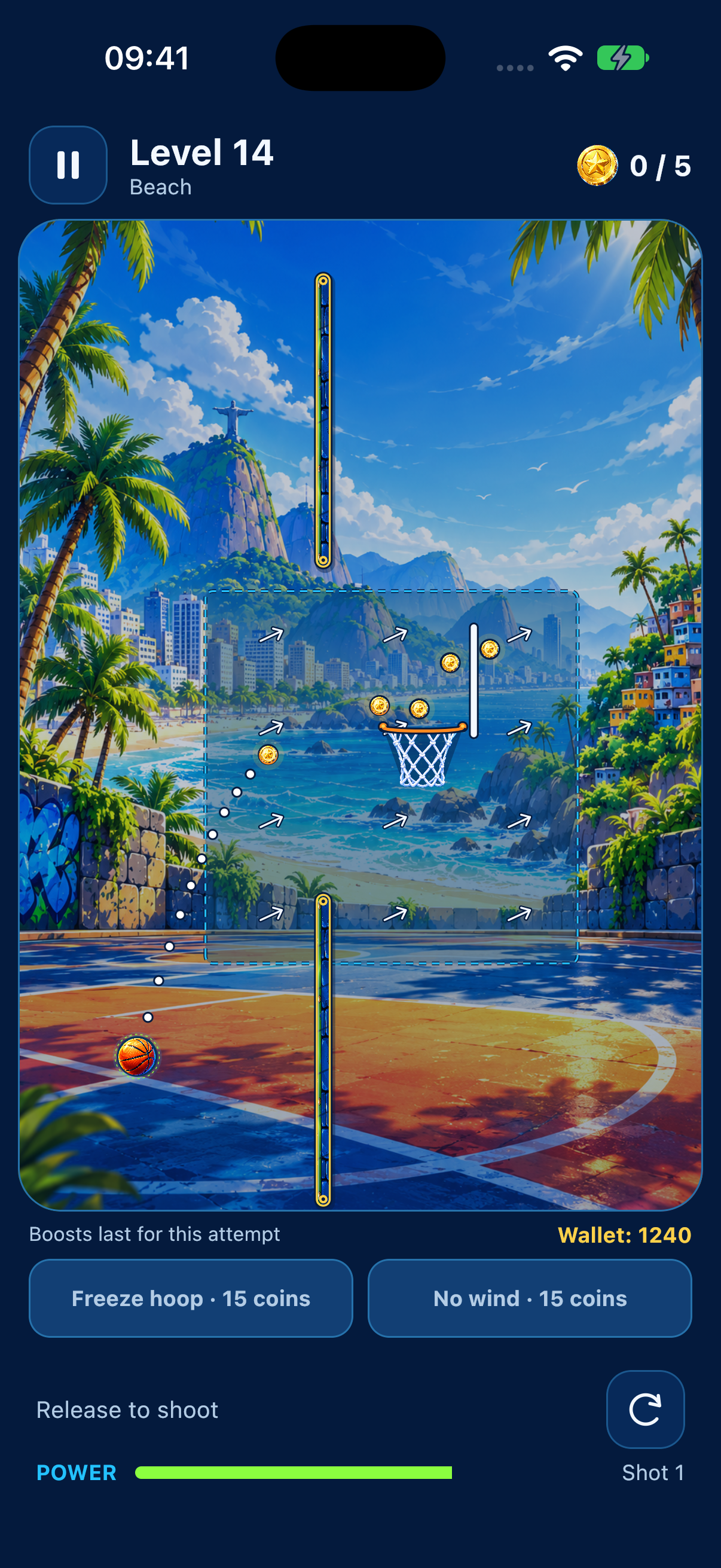 Hoopbound beach court with a dotted aiming trajectory